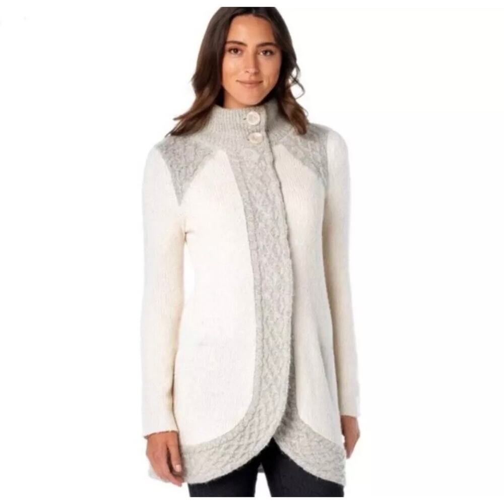 Prana Angelica Duster Cardigan Sweater Size Large Winter Ivory Gray Cable Knit